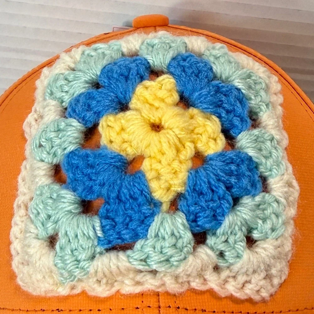 Custom Handmade Crochet Granny Square Trucker Hat Snapback Cap Women Orange Boho